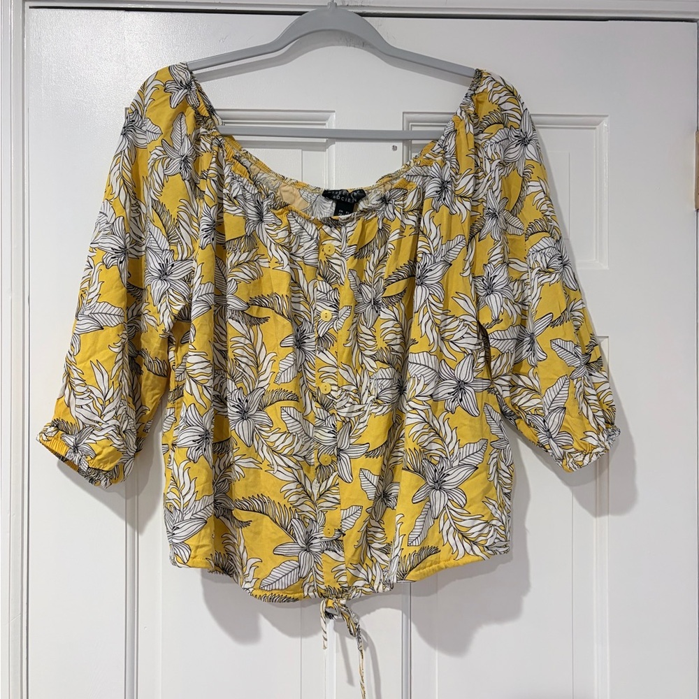 Streetwear Society Yellow Floral Off Shoulder Top Tie Front Boho XL